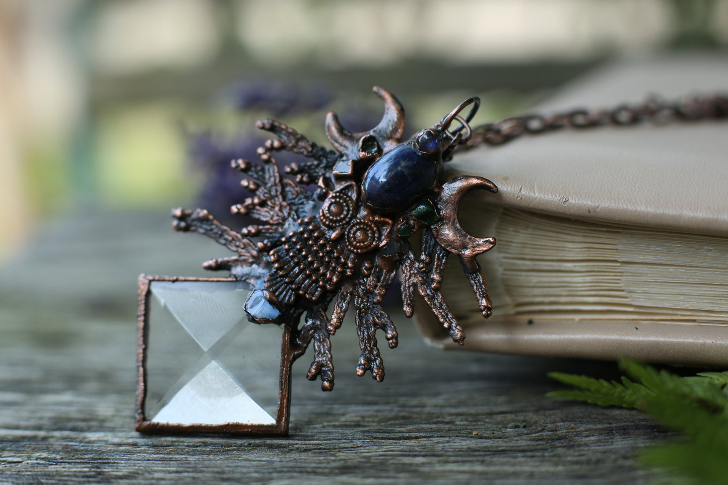 Blue labradorite necklace, with owl , juniper twigs and gemstones