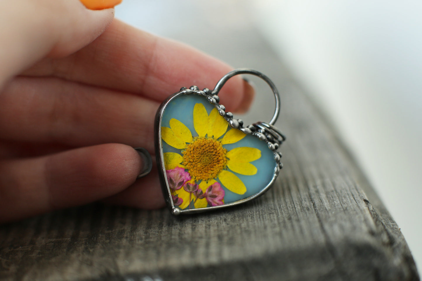 Sunflower necklace, Pressed flower pendant
