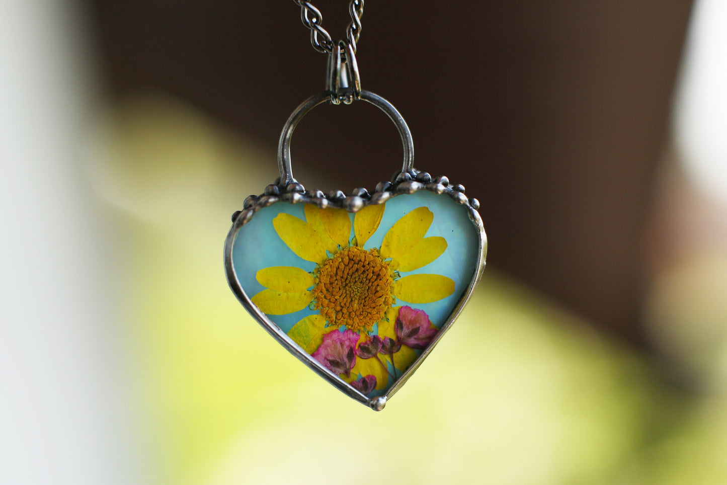 Sunflower necklace, Pressed flower pendant
