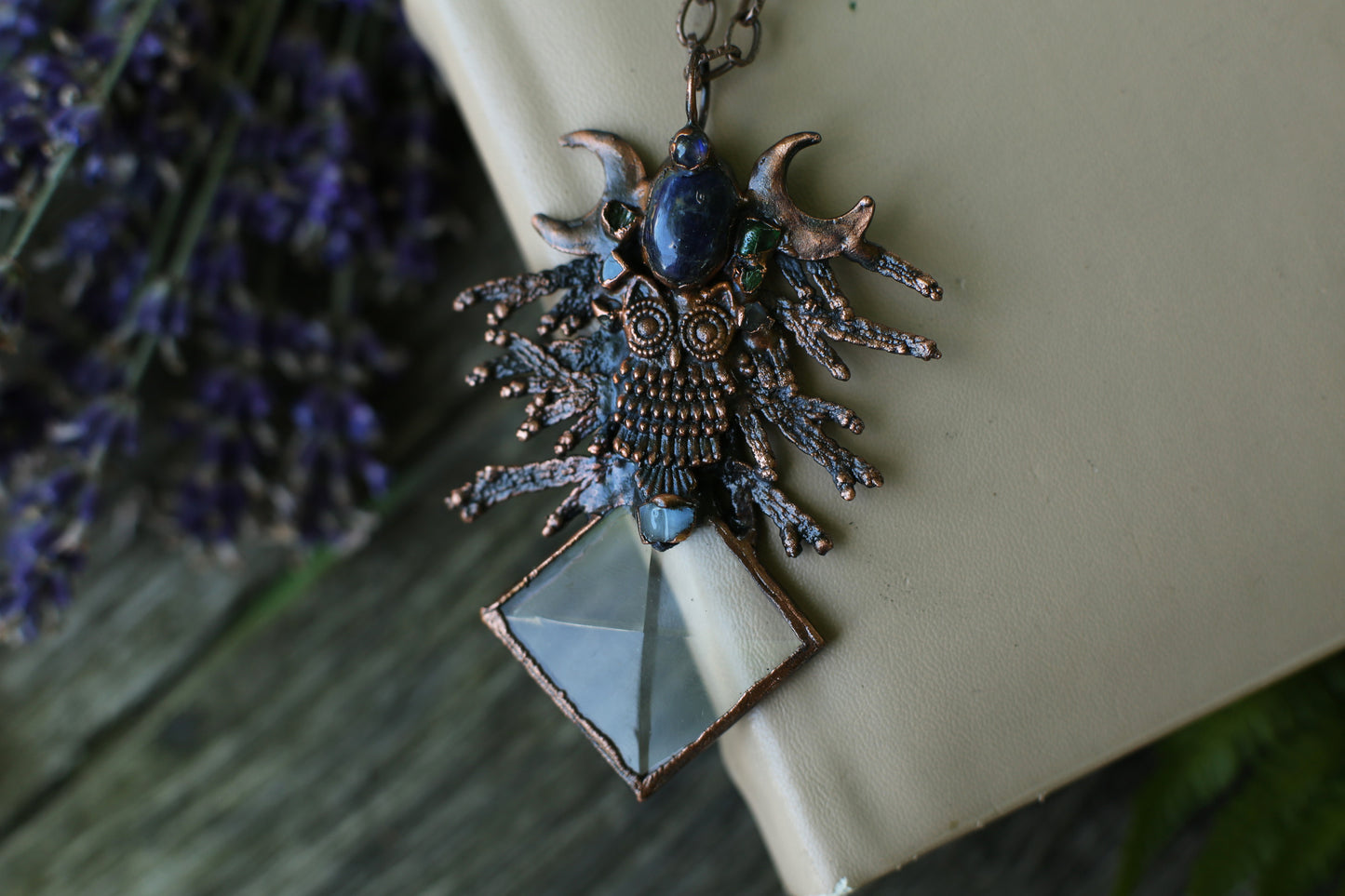 Blue labradorite necklace, with owl , juniper twigs and gemstones