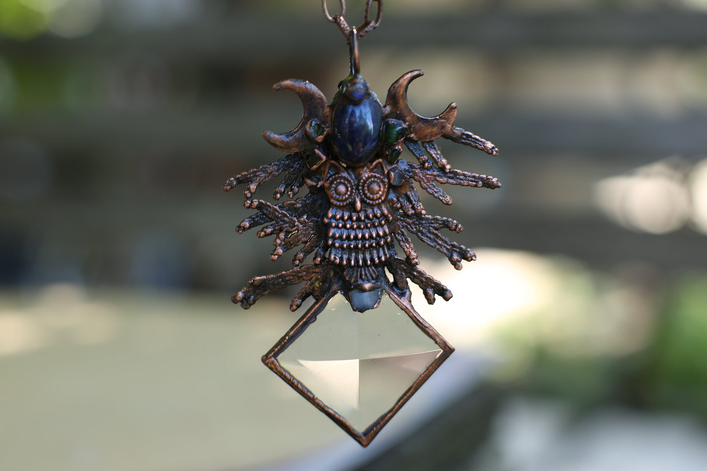 Blue labradorite necklace, with owl , juniper twigs and gemstones