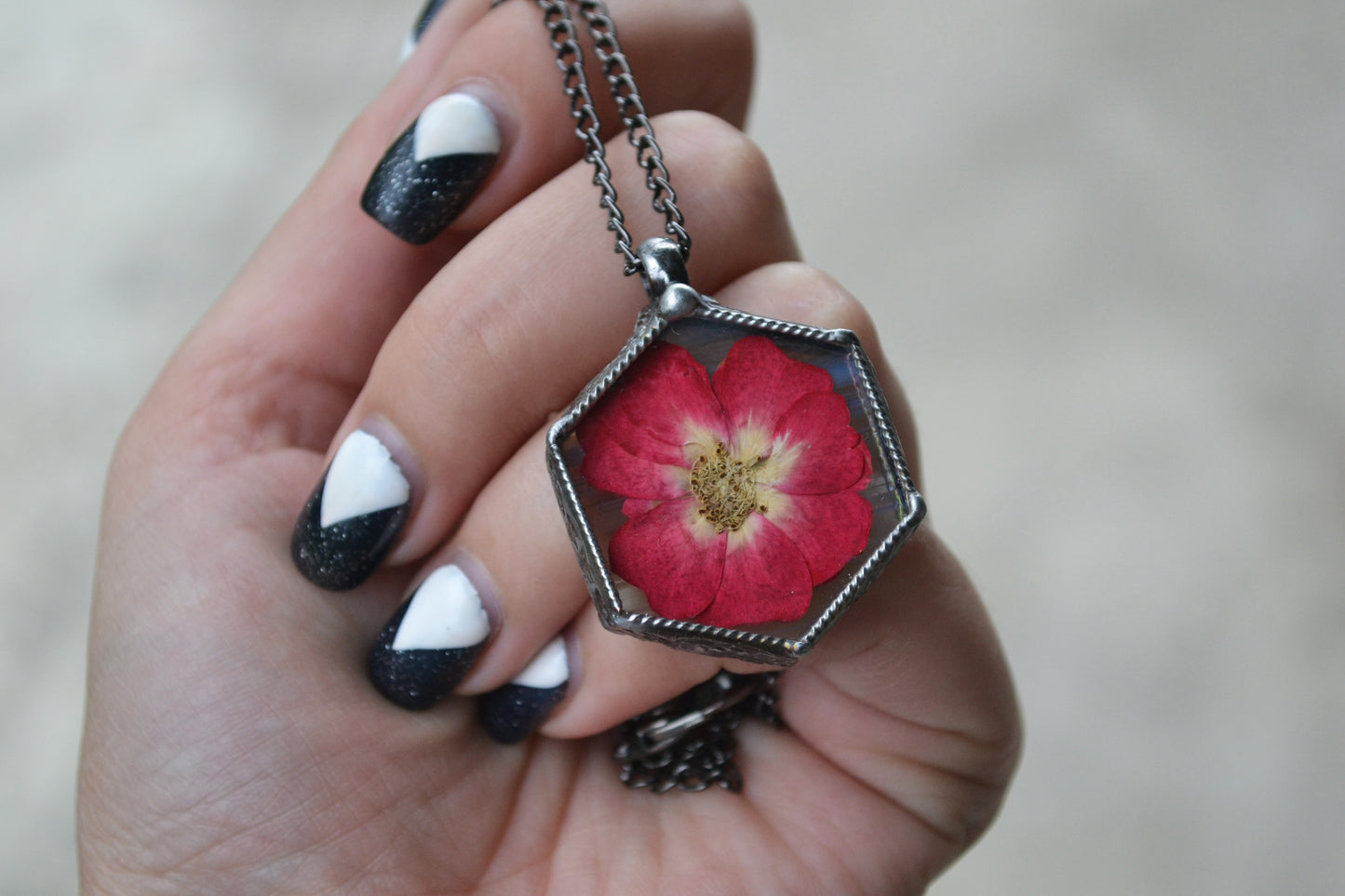 Preserved rose Necklace, Hexagon pendant
