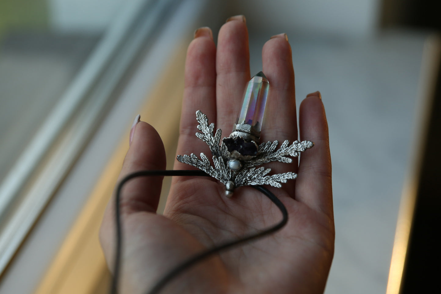 Angel aura silver necklace, 999 fine silver crystal pendant