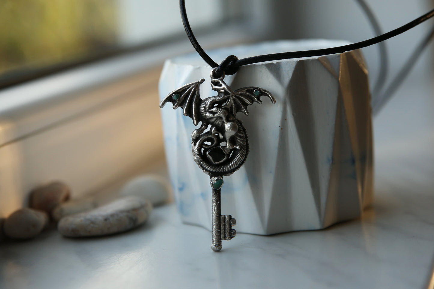 Silver plated dragon necklace, Dragon key pendant