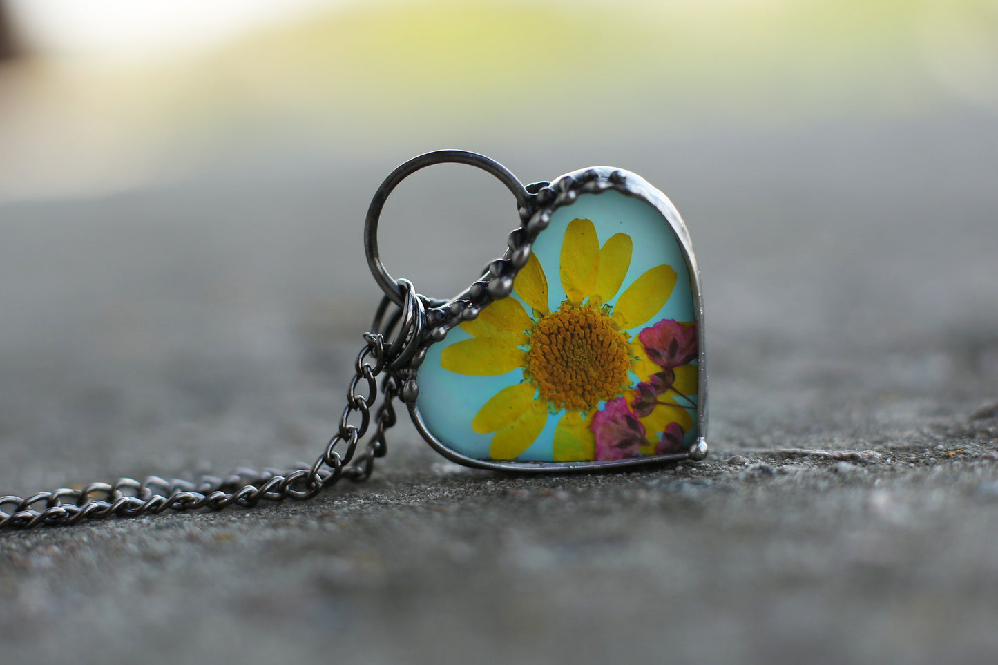 Sunflower necklace, Pressed flower pendant