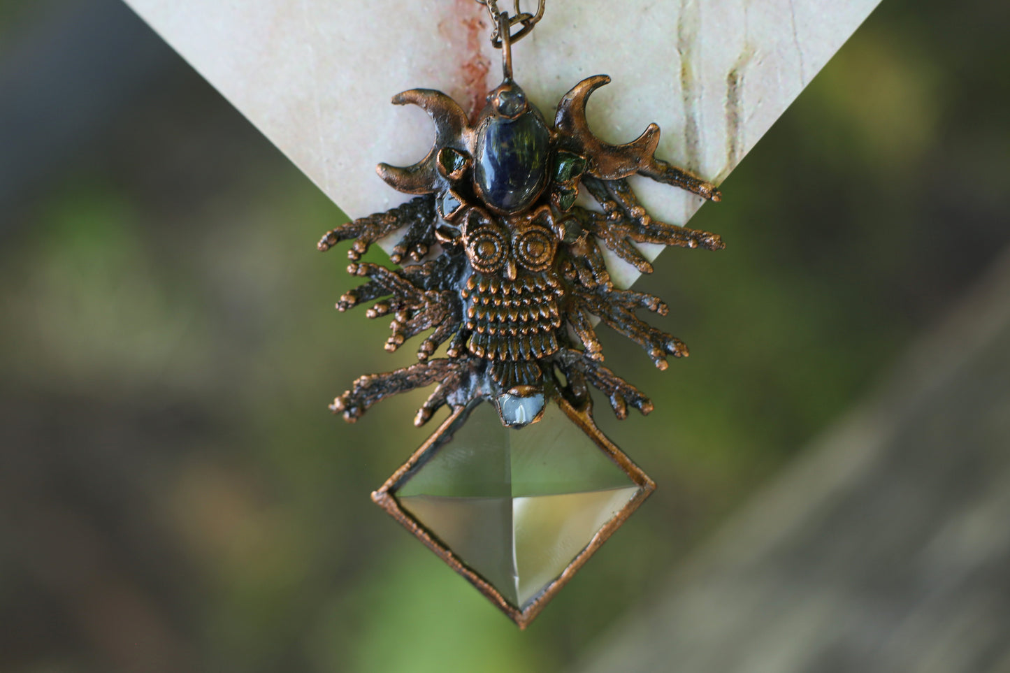 Blue labradorite necklace, with owl , juniper twigs and gemstones
