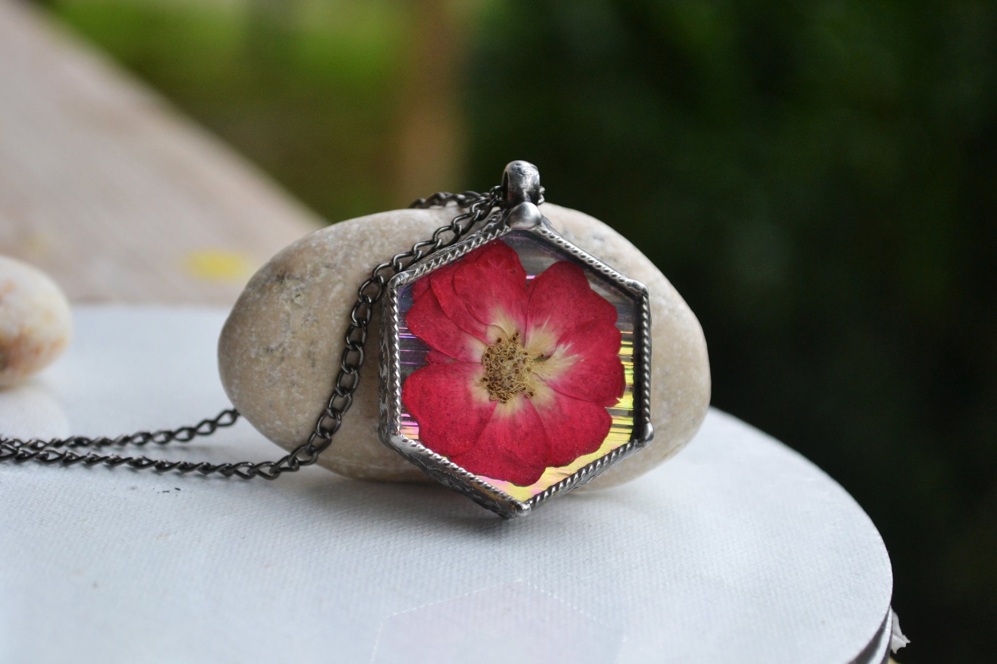 Preserved rose Necklace, Hexagon pendant