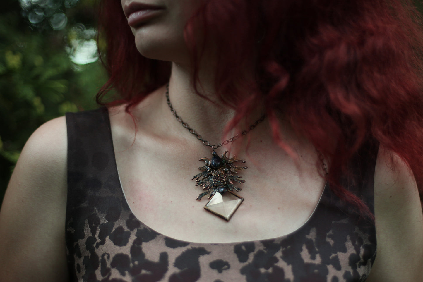 Blue labradorite necklace, with owl , juniper twigs and gemstones