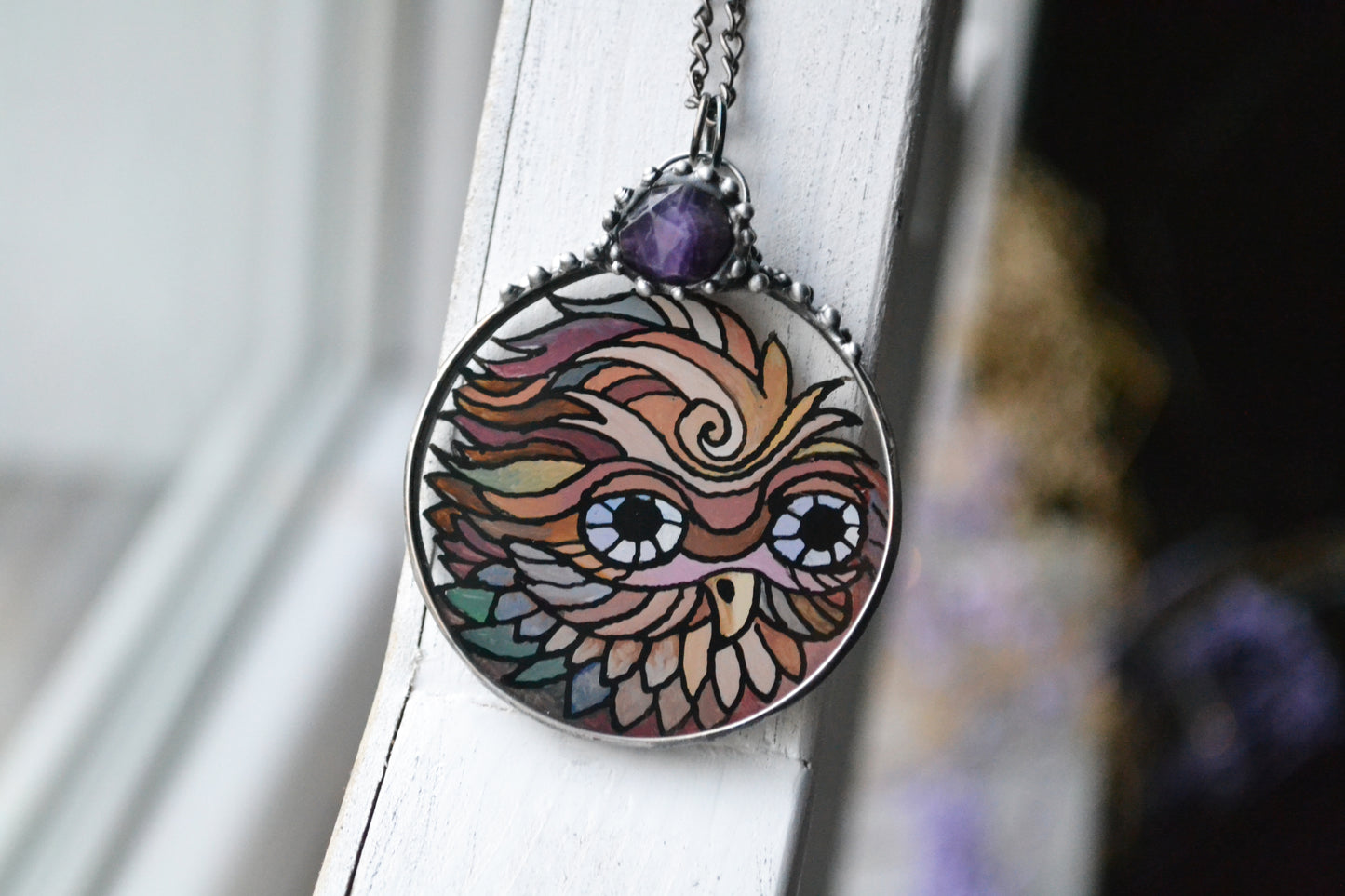 Stained glass bird necklace, Owl pendant
