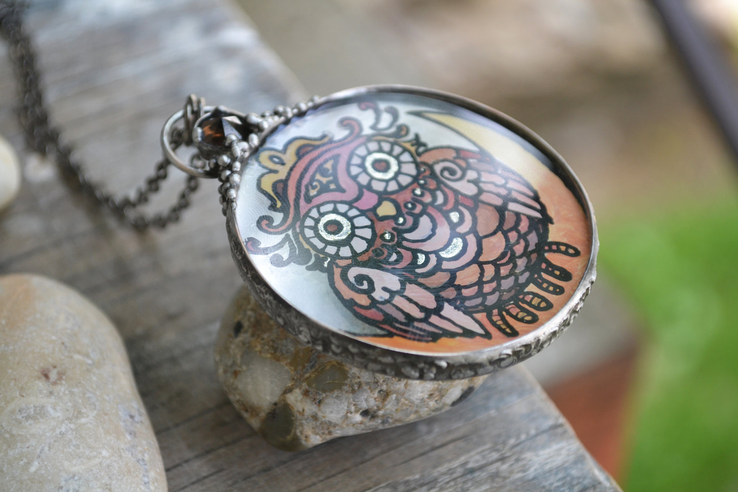 Lunar Owl Necklace, Stained glass necklace