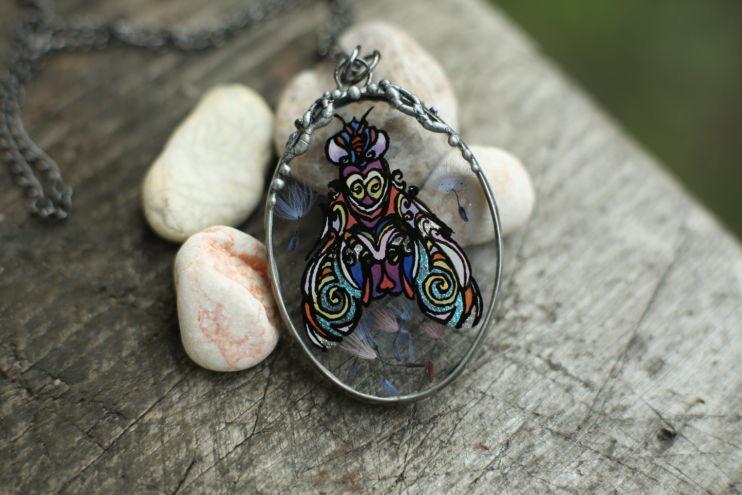 Moth necklace, Rainbow dandelions pendant