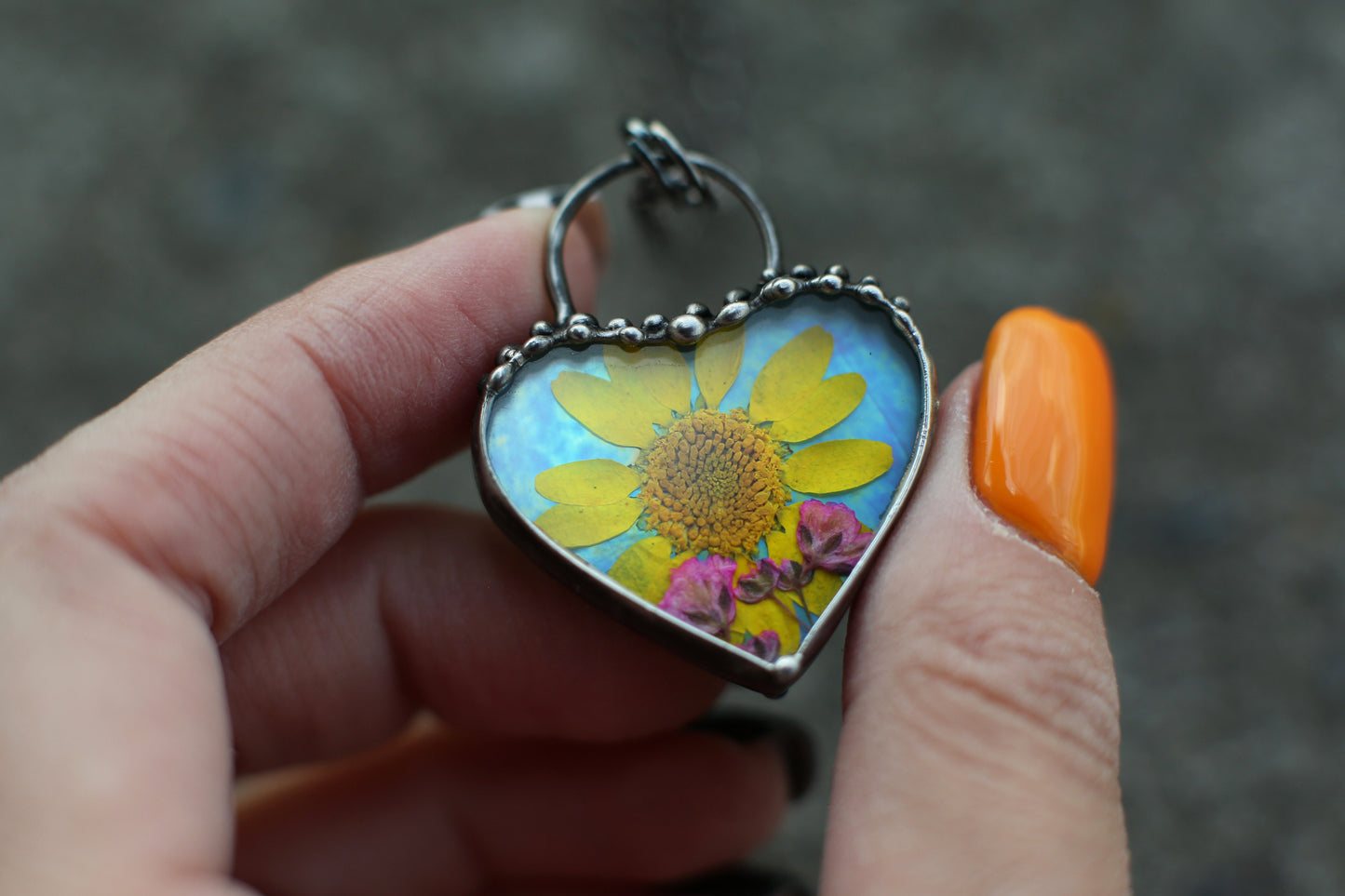Sunflower necklace, Pressed flower pendant