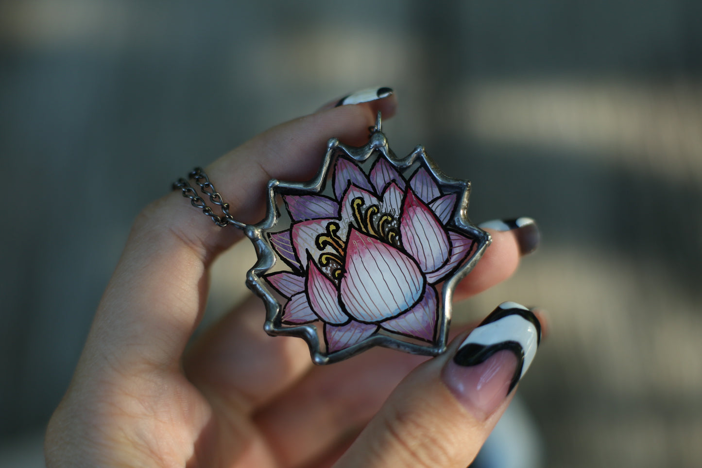 Stained glass lotus flower necklace, Hand painted jewelry