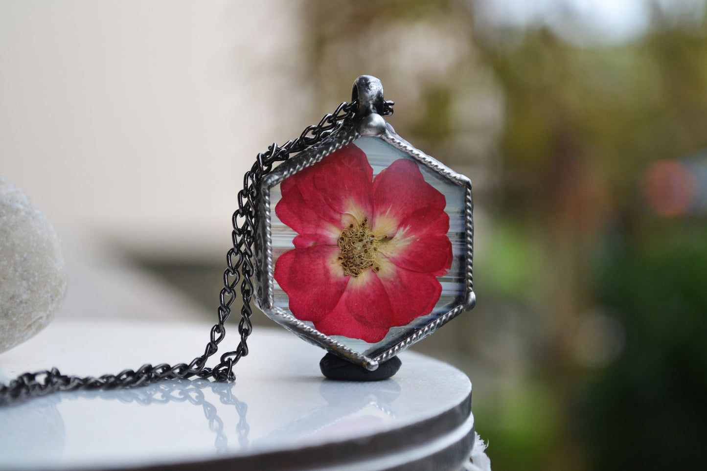 Preserved rose Necklace, Hexagon pendant