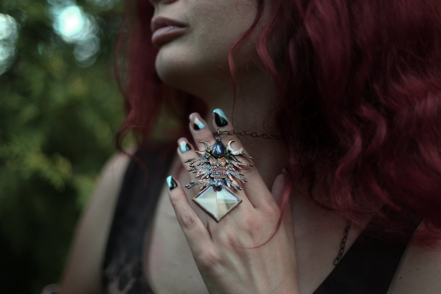 Blue labradorite necklace, with owl , juniper twigs and gemstones