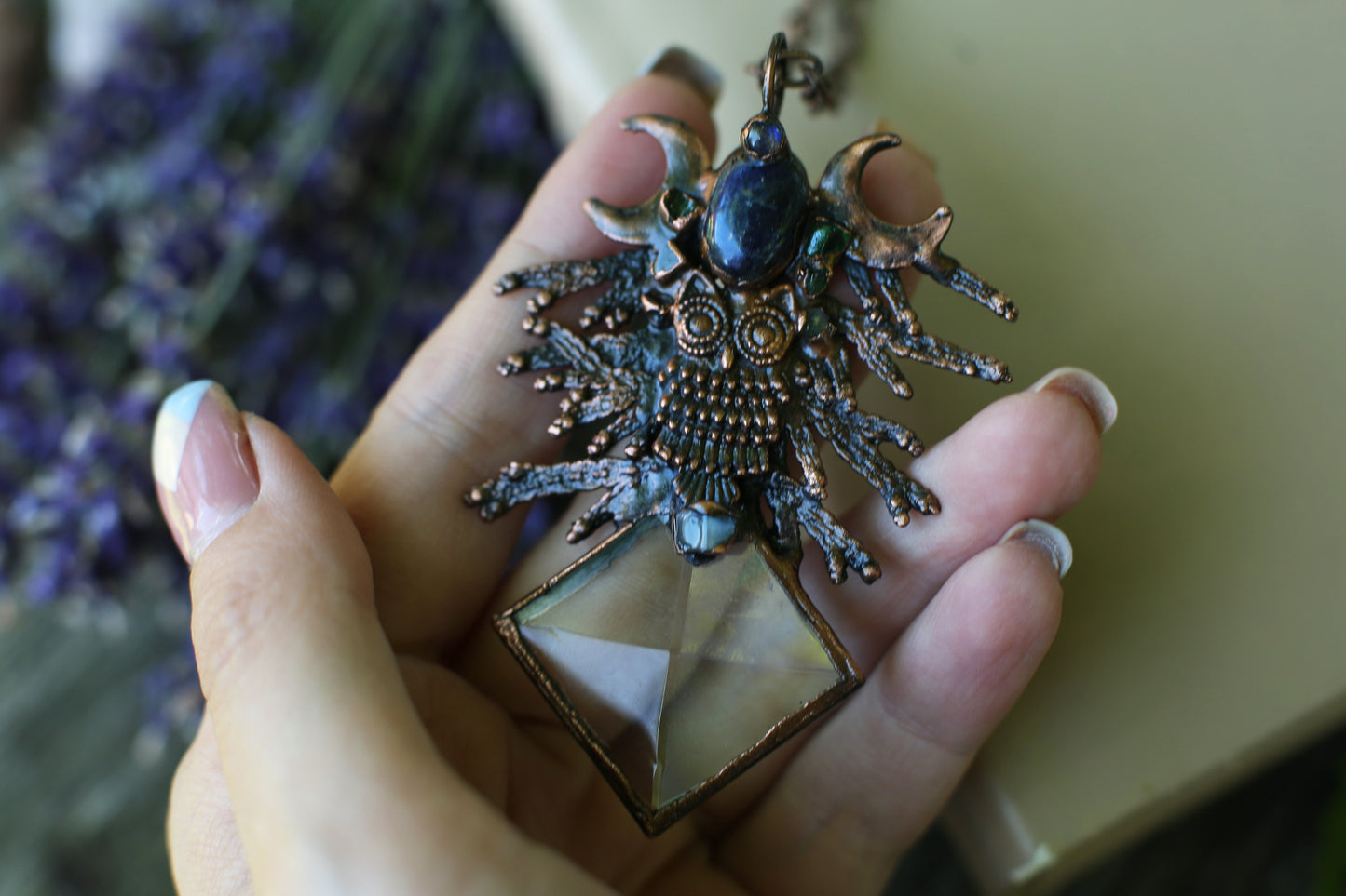 Blue labradorite necklace, with owl , juniper twigs and gemstones