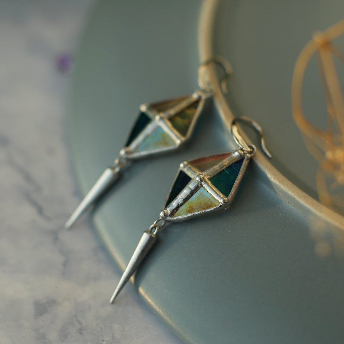 Long Spike Rhombus earrings, Stained glass earrings