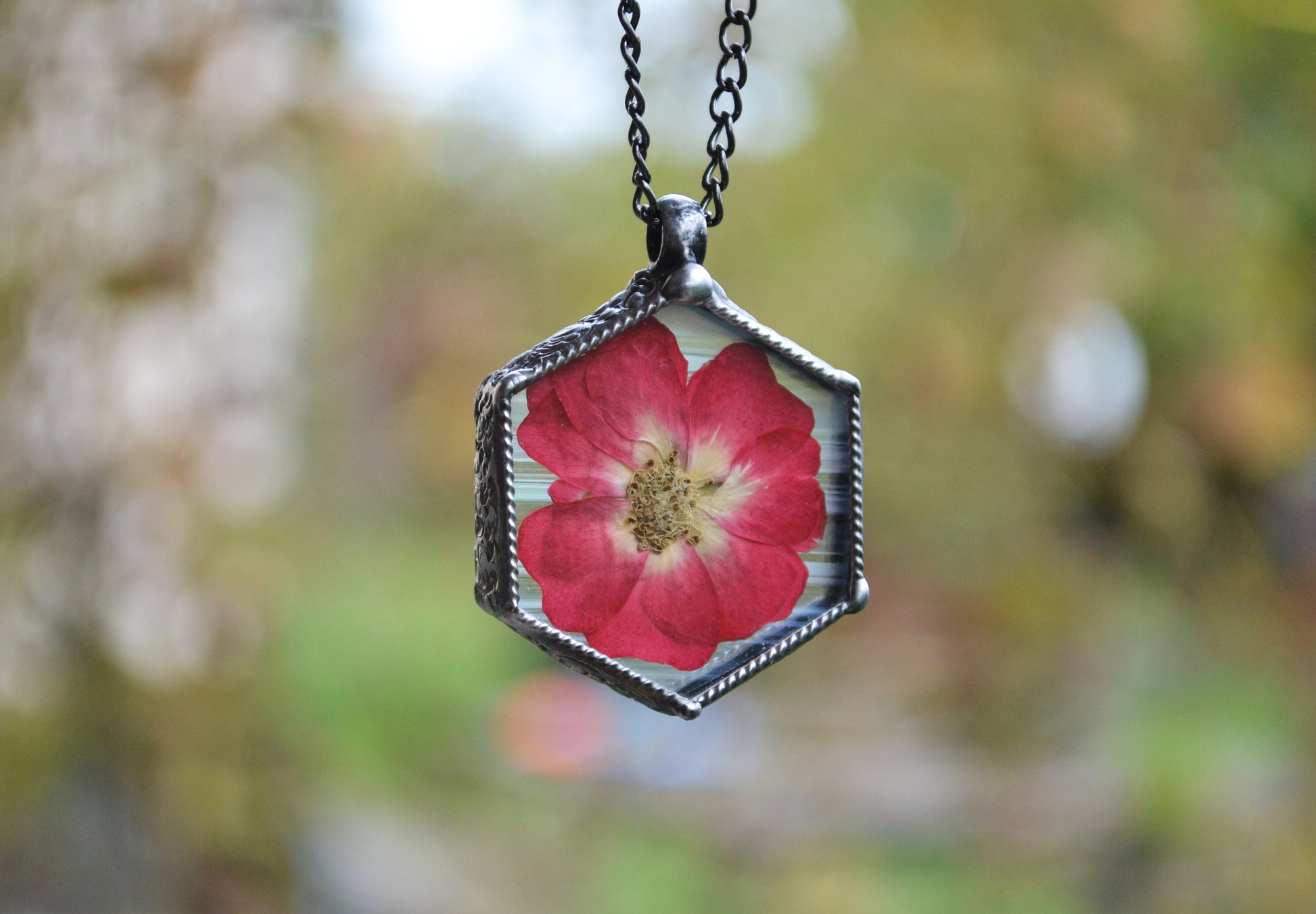 Preserved rose Necklace, Hexagon pendant