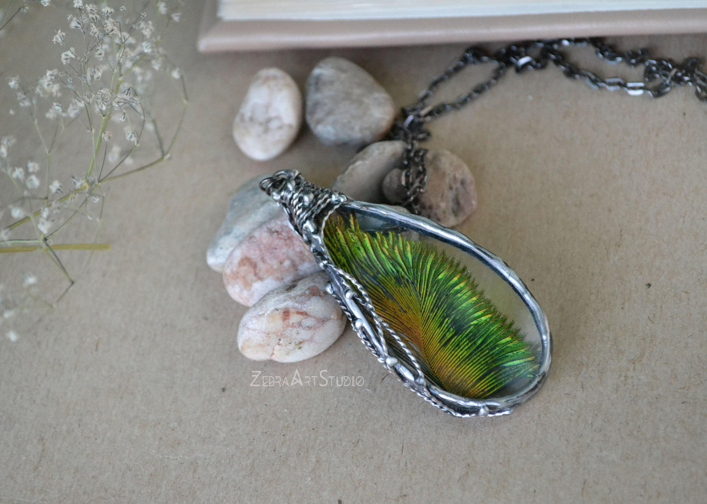 Peacock feather necklace, Teardrop feather pendant