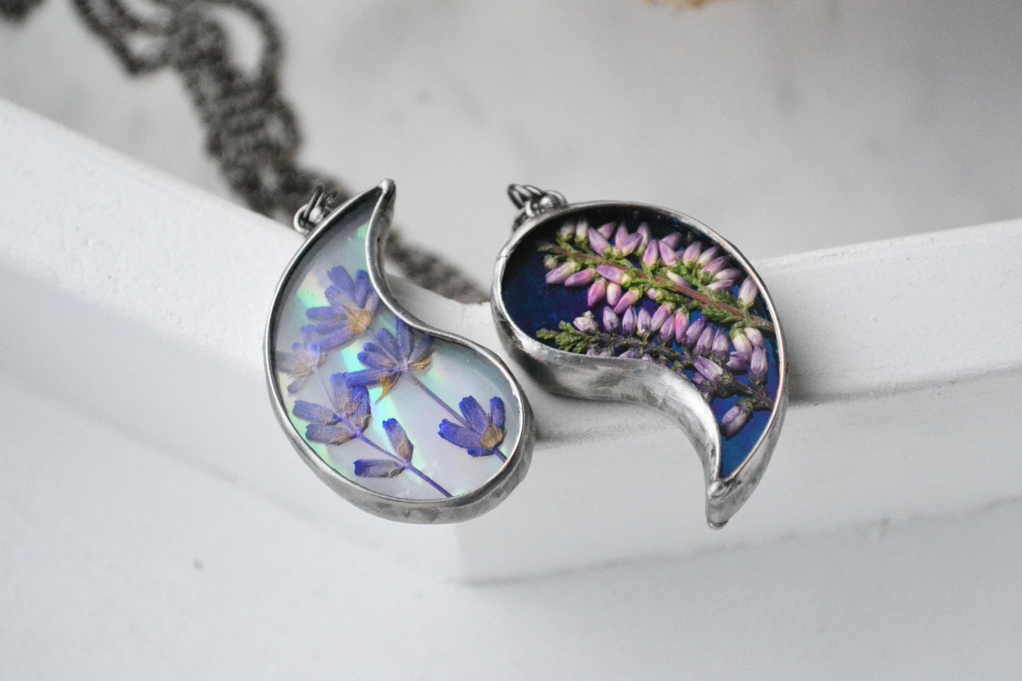 Best friend necklaces, Lavender and heather pendants
