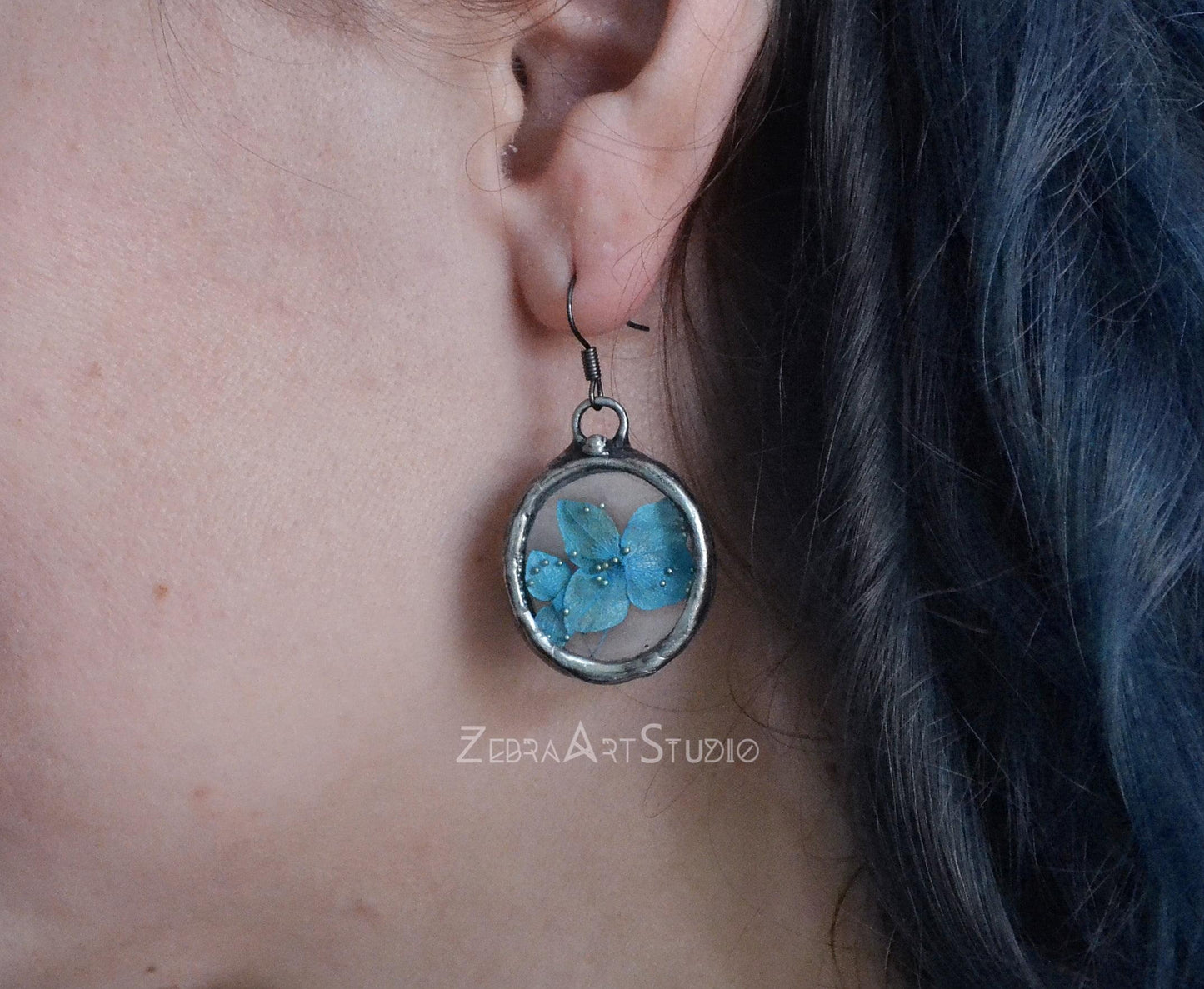 Hydrangea earrings, Blue flower earrings