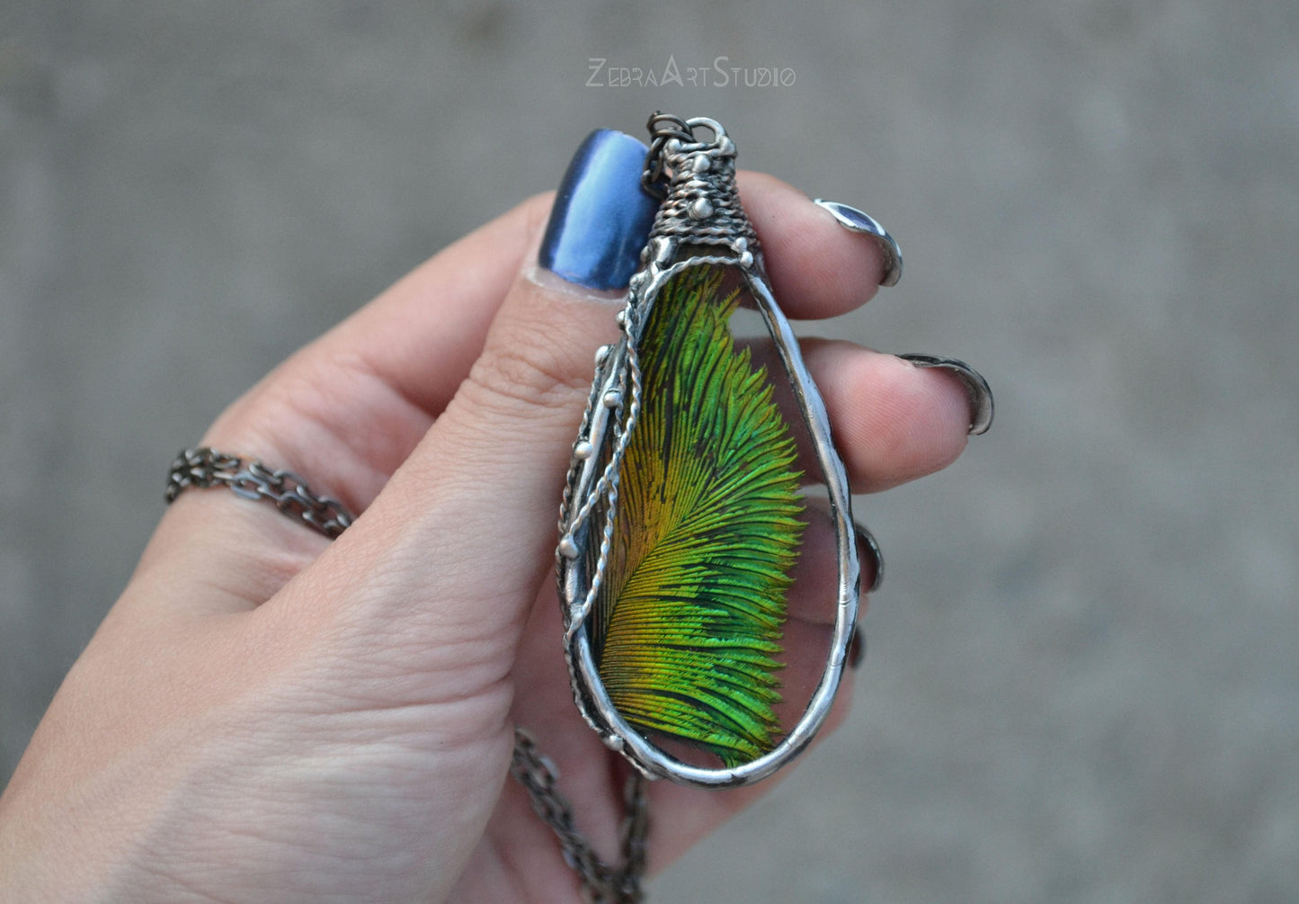 Peacock feather necklace, Teardrop feather pendant