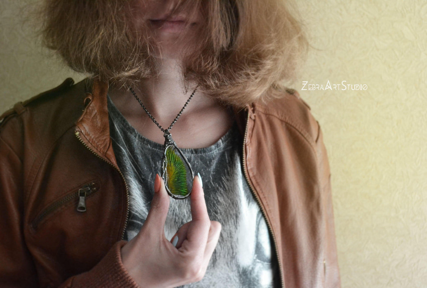 Peacock feather necklace, Teardrop feather pendant