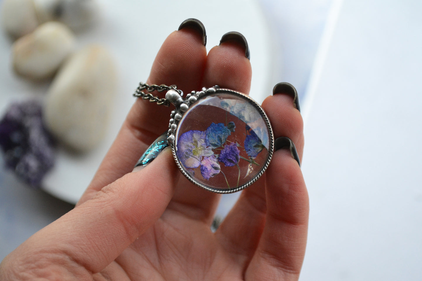Terrarium pendant, Real Flower necklace
