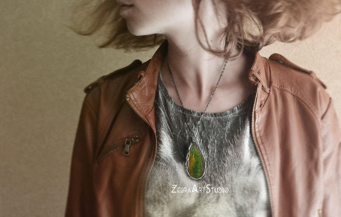 Peacock feather necklace, Teardrop feather pendant