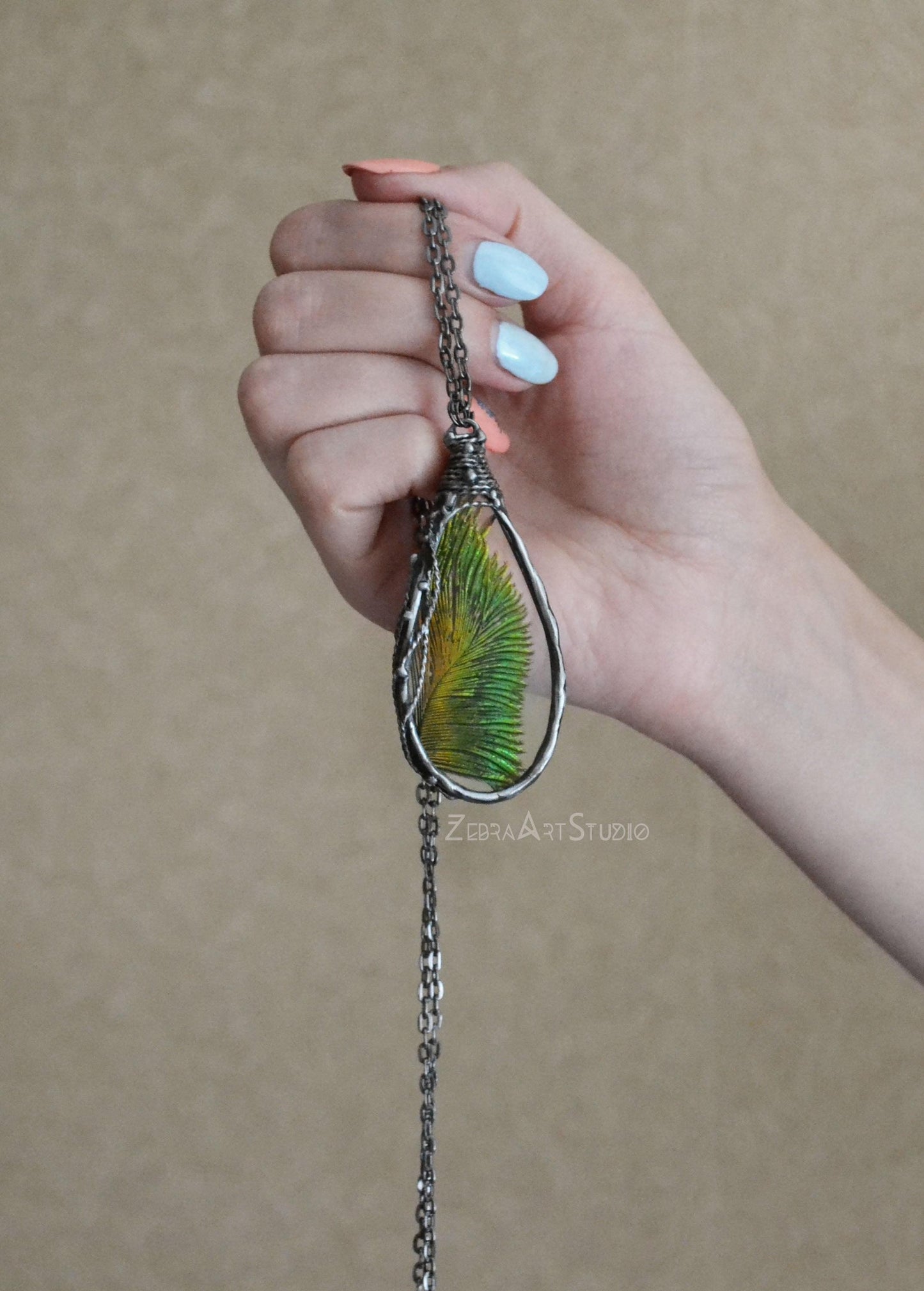 Peacock feather necklace, Teardrop feather pendant