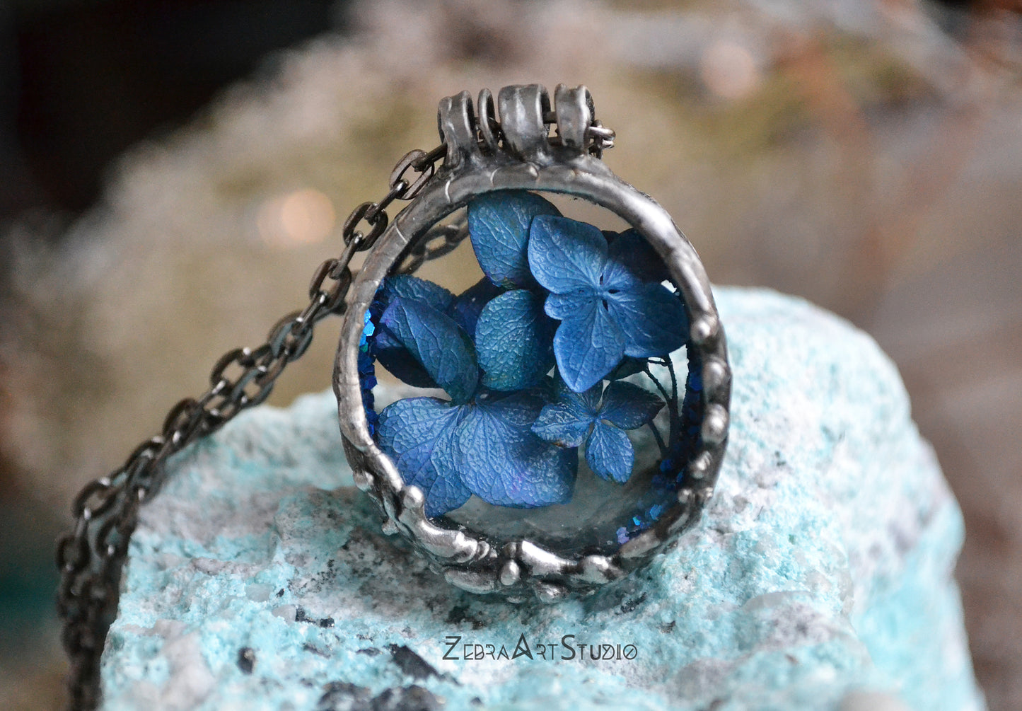 Real blue hydrangea flower necklace