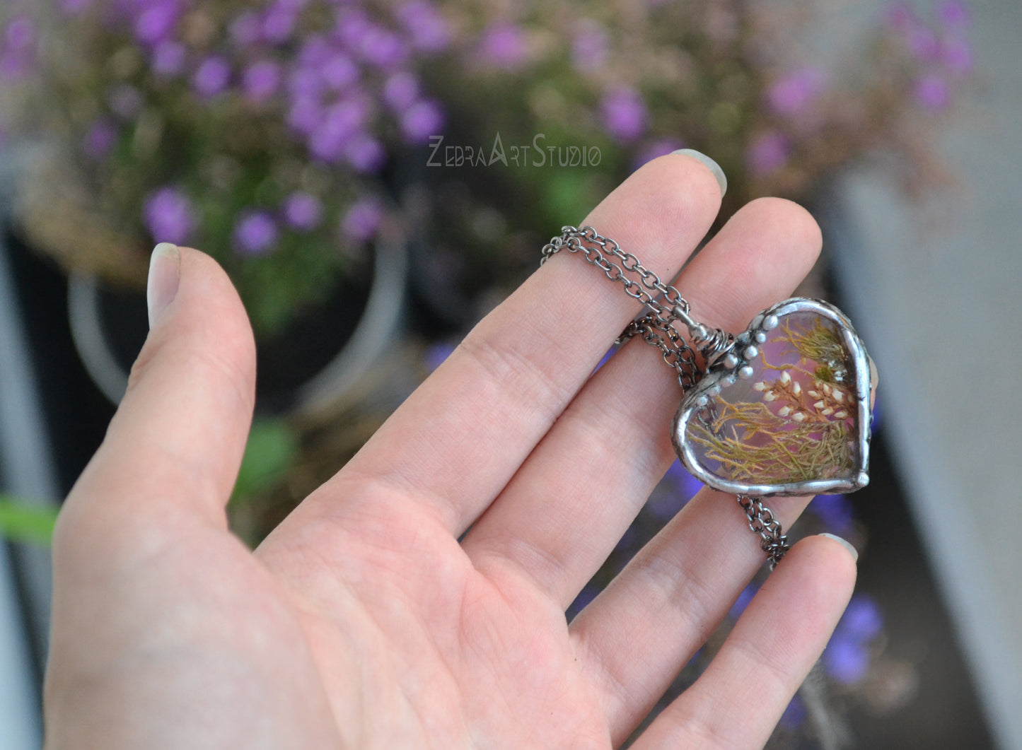 Real moss necklace, Dried Heather Flower Necklace