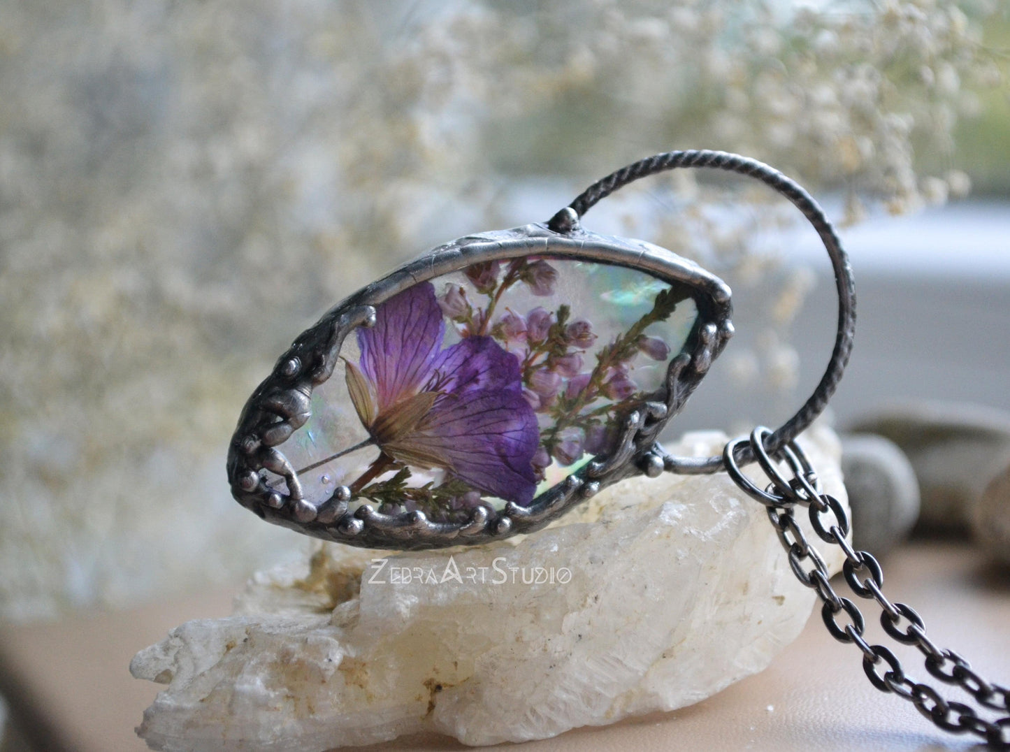 Iridescent necklace, Rainbow jewelry, Pressed flower necklace