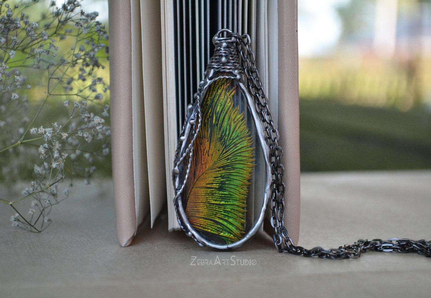 Peacock feather necklace, Teardrop feather pendant