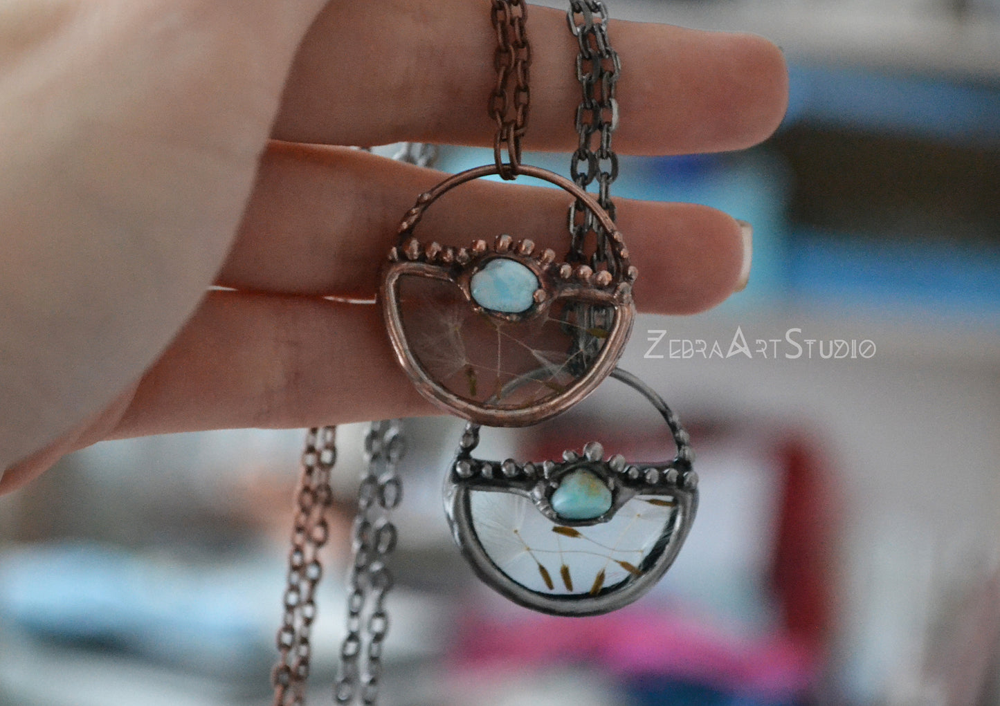 Wish necklace, Tiny dandelion necklace, Larimar necklace