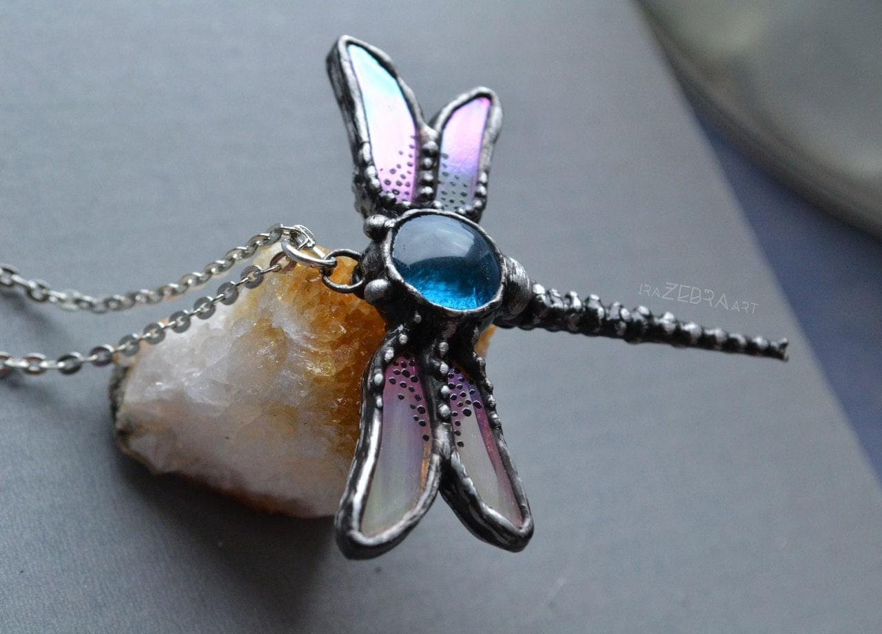 Dragonfly necklace, Glass Dragonfly, Stained glass pendant