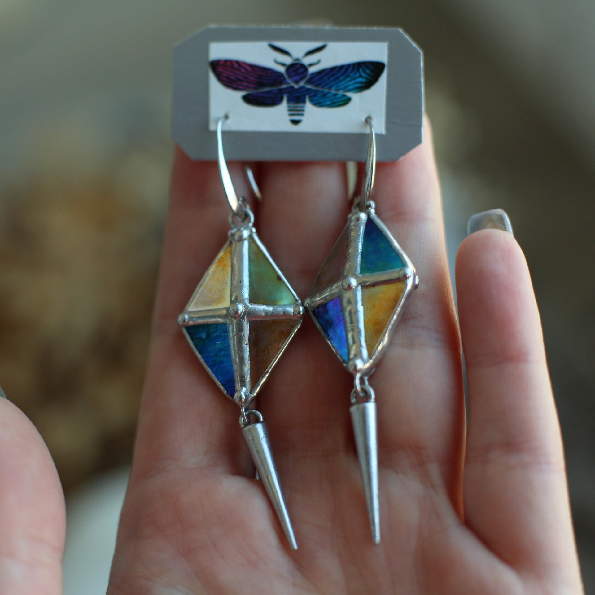 Long Spike Rhombus earrings, Stained glass earrings
