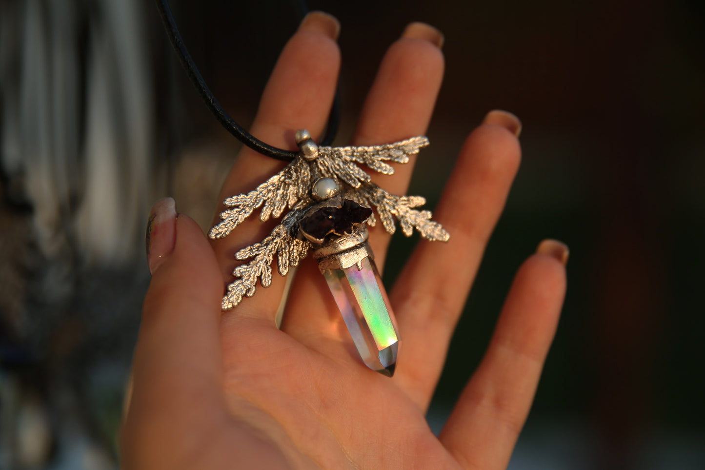 Angel aura silver necklace, 999 fine silver crystal pendant