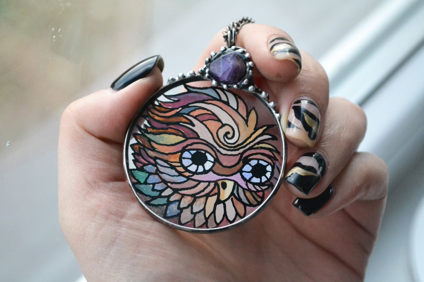 Stained glass bird necklace, Owl pendant