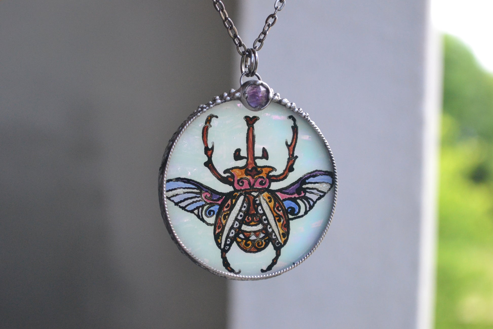 Glass Beetle necklace, Amethyst crystal pendant
