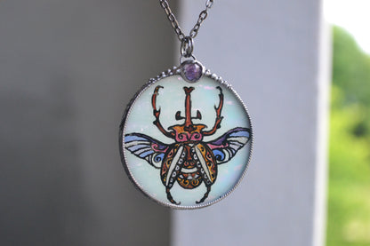 Glass Beetle necklace, Amethyst crystal pendant