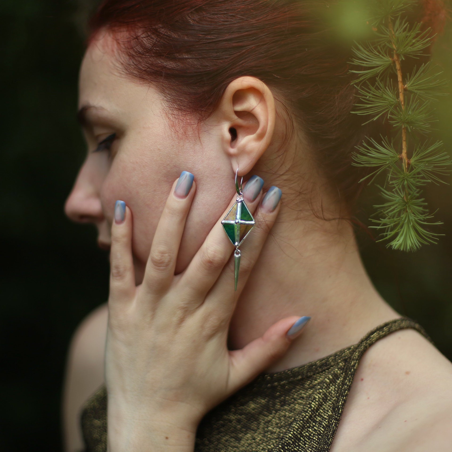 Long Spike Rhombus earrings, Stained glass earrings