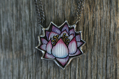 Stained glass lotus flower necklace, Hand painted jewelry