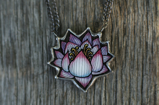 Stained glass lotus flower necklace, Hand painted jewelry