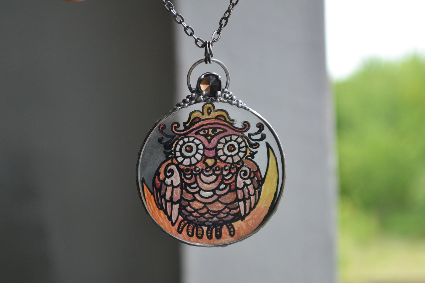 Lunar Owl Necklace, Stained glass necklace