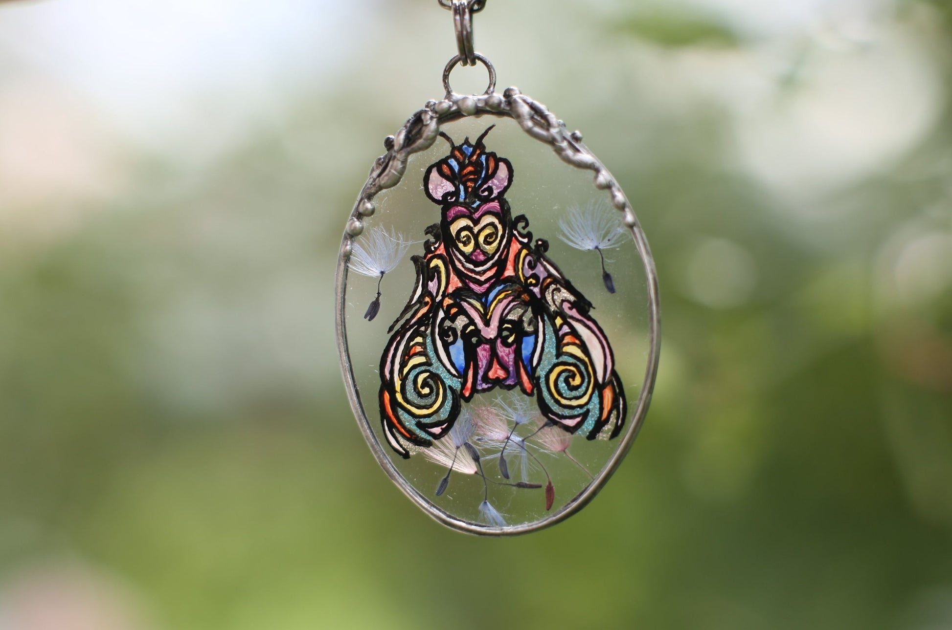Moth necklace, Rainbow dandelions pendant