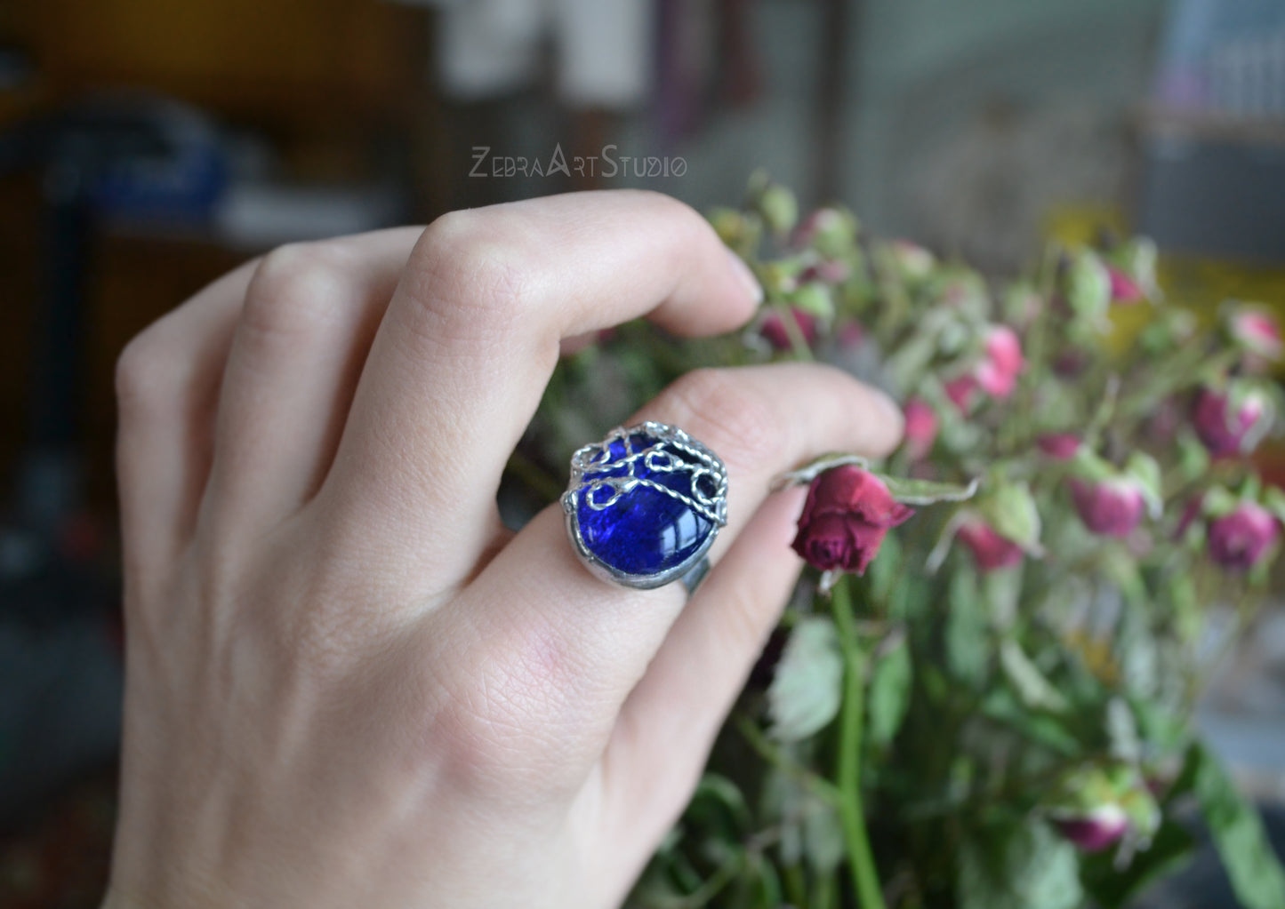 Blue glass jewelry set, Pendant and ring