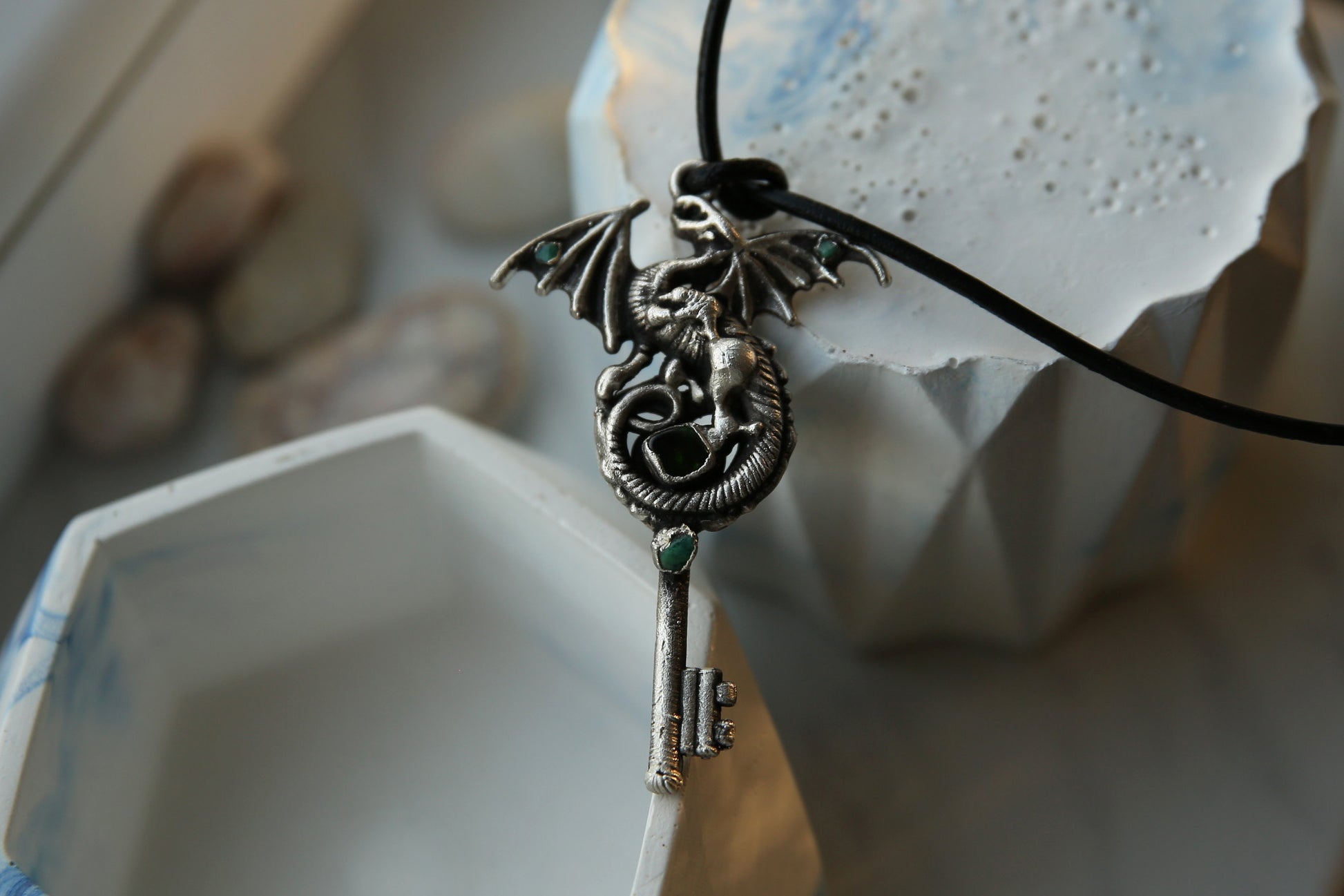 Silver plated dragon necklace, Dragon key pendant