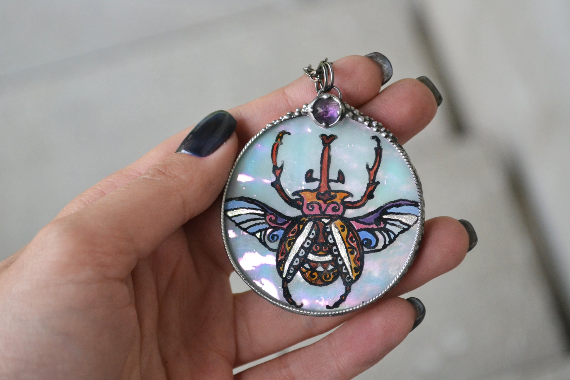 Glass Beetle necklace, Amethyst crystal pendant