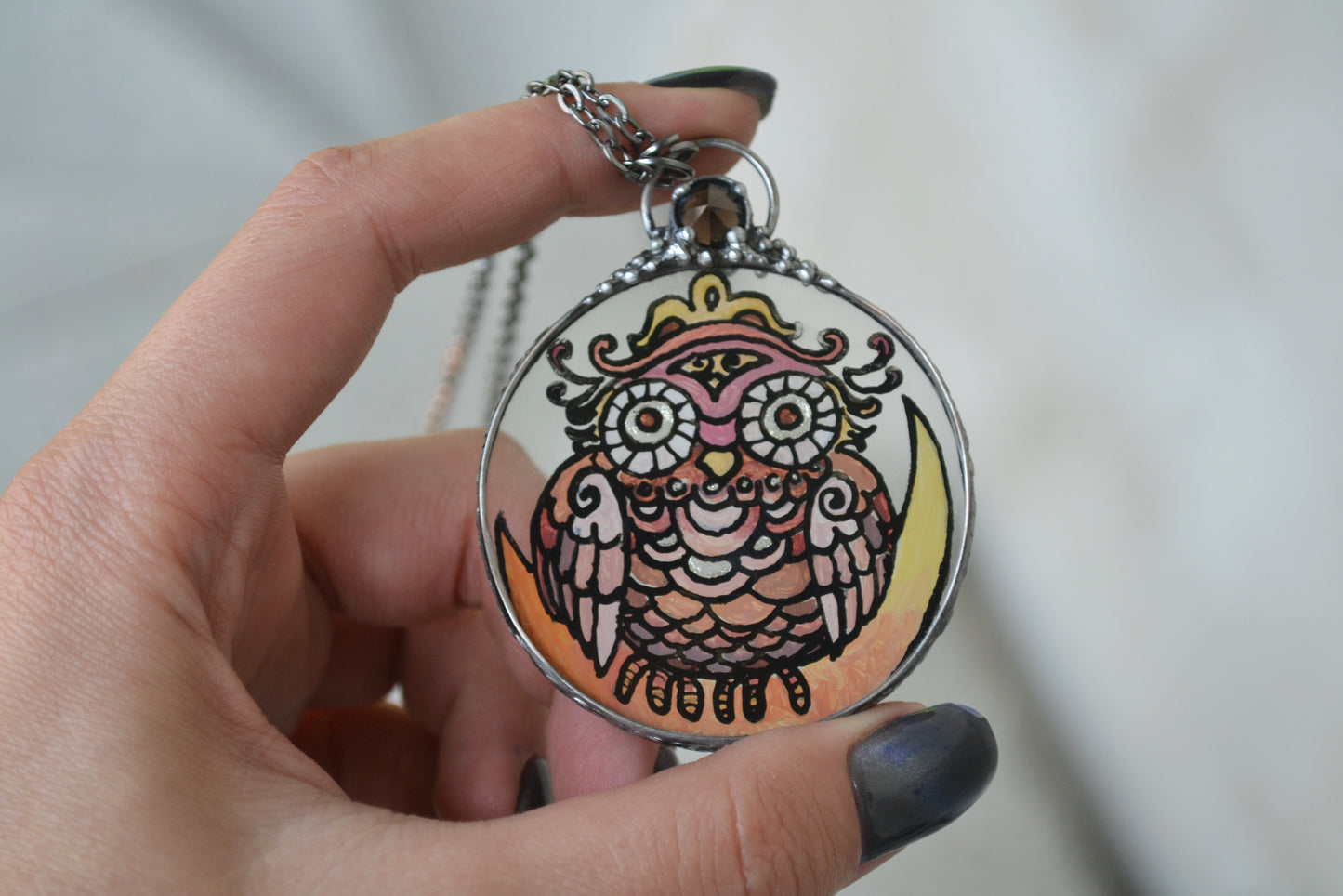 Lunar Owl Necklace, Stained glass necklace